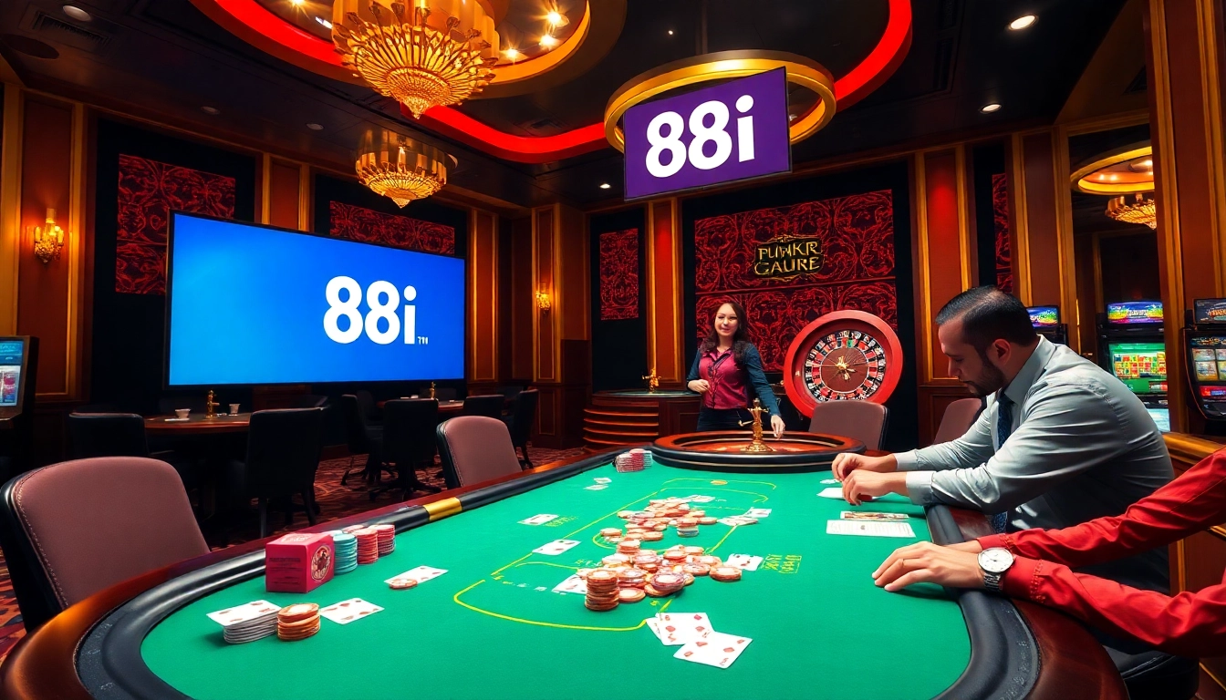 Experience the thrill of online gambling at 88i with a vibrant casino scene filled with poker chips and roulette.