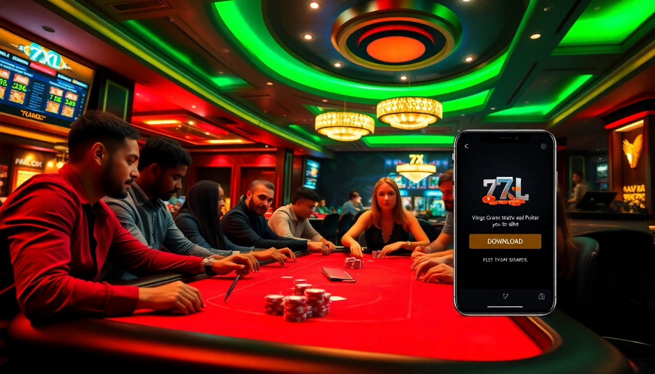 Exciting poker game scene highlighting 7XL download process on a smartphone amidst vibrant casino ambiance.