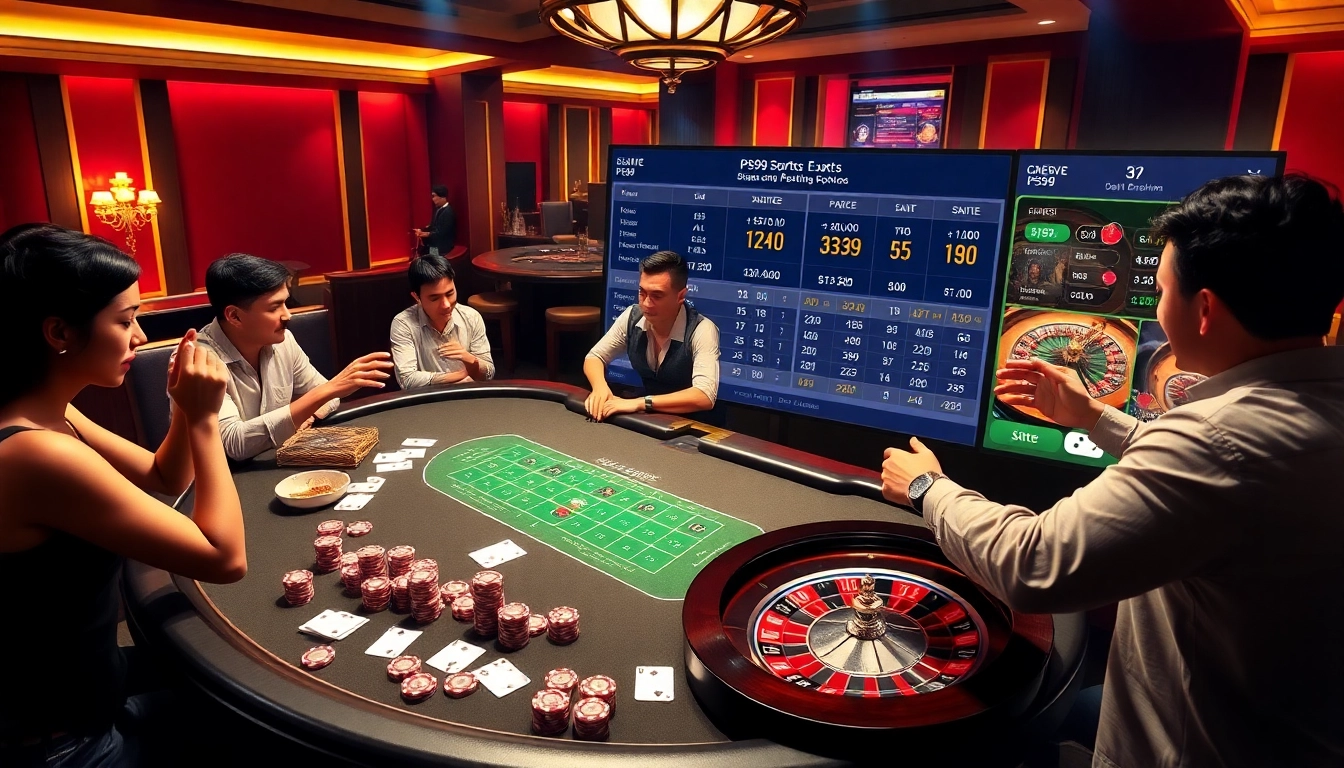 Players strategically bet at the PS99 poker table in a vibrant casino setting.