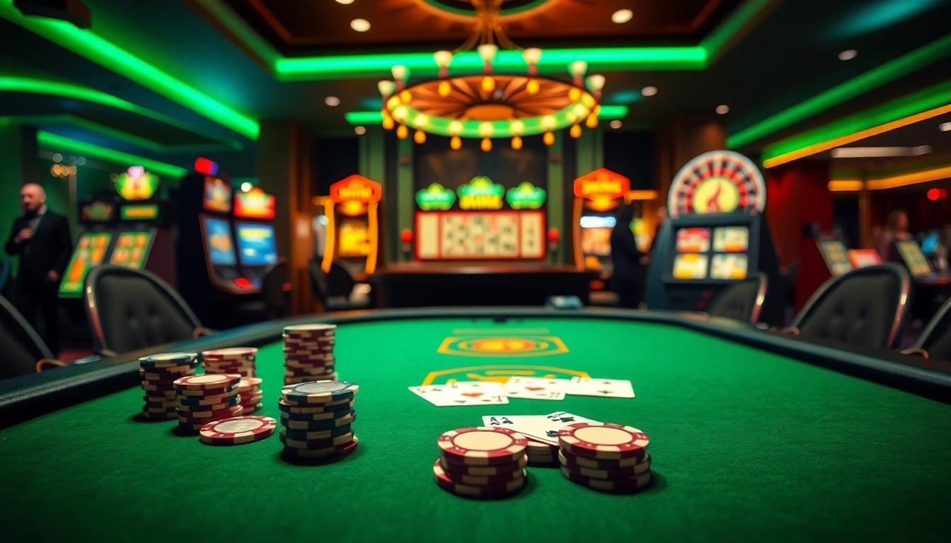 Experience thrilling poker action at https://vj88.online/ with a lavish casino backdrop featuring vibrant games.