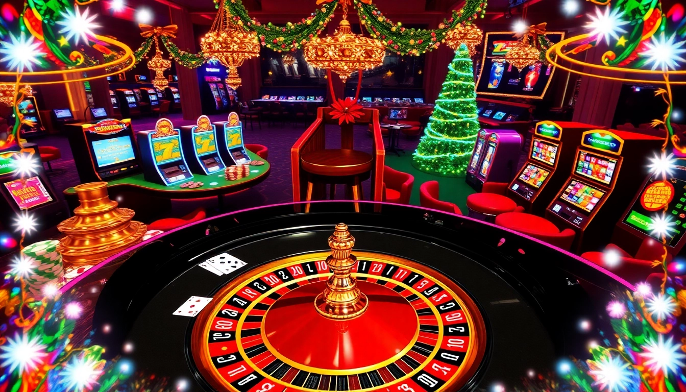 The festive casino atmosphere at https://789wins1.net/ featuring vibrant tables with poker chips and cards.