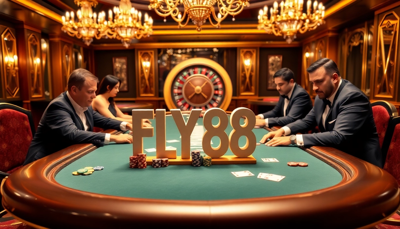Players at a high-stakes poker table with FLY88 themed decor enjoying the thrill of the game.