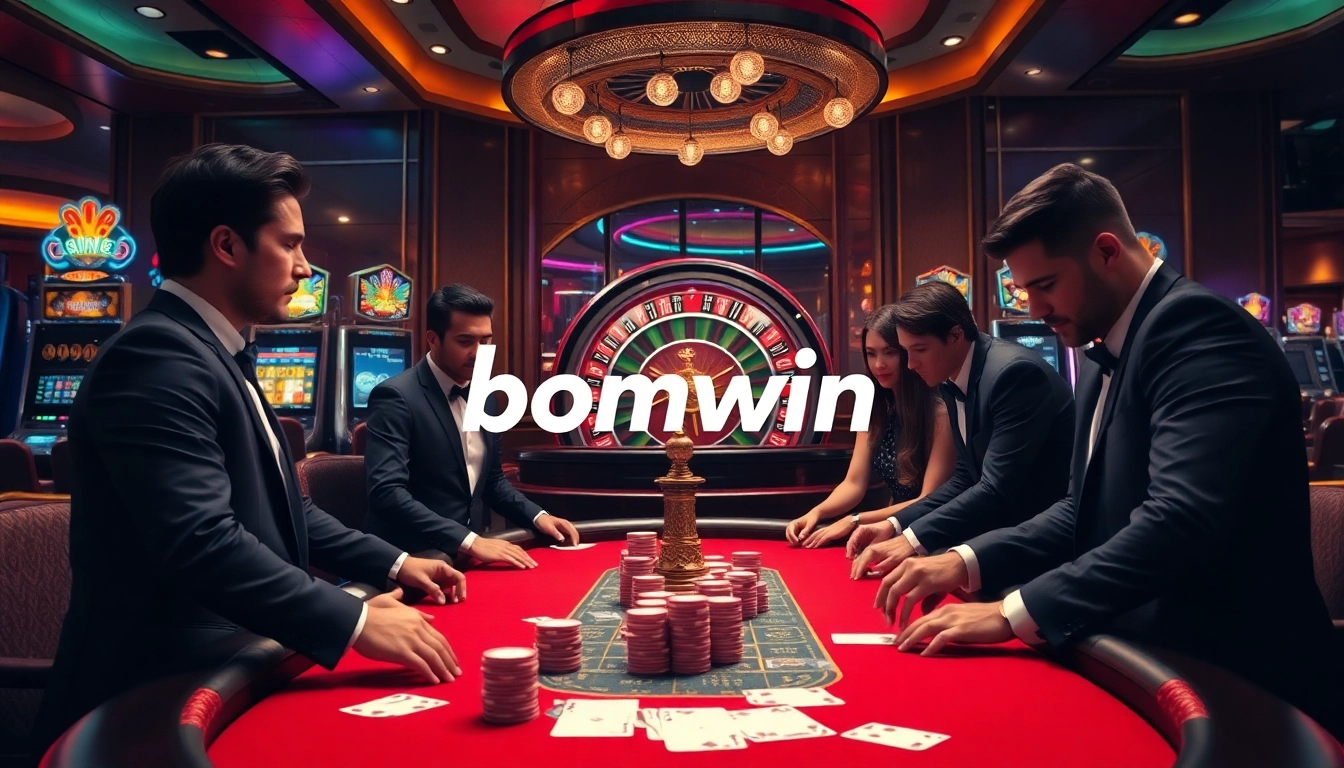 Engaging poker players in a luxurious casino capturing the essence of bomwin with vibrant details.
