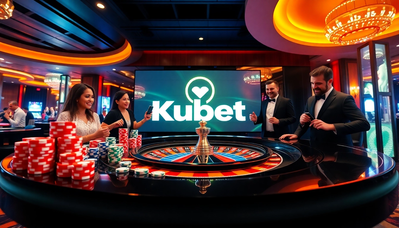 Kubet offers thrilling gambling experiences with poker chips, dice, and a roulette wheel in an exciting casino setting.