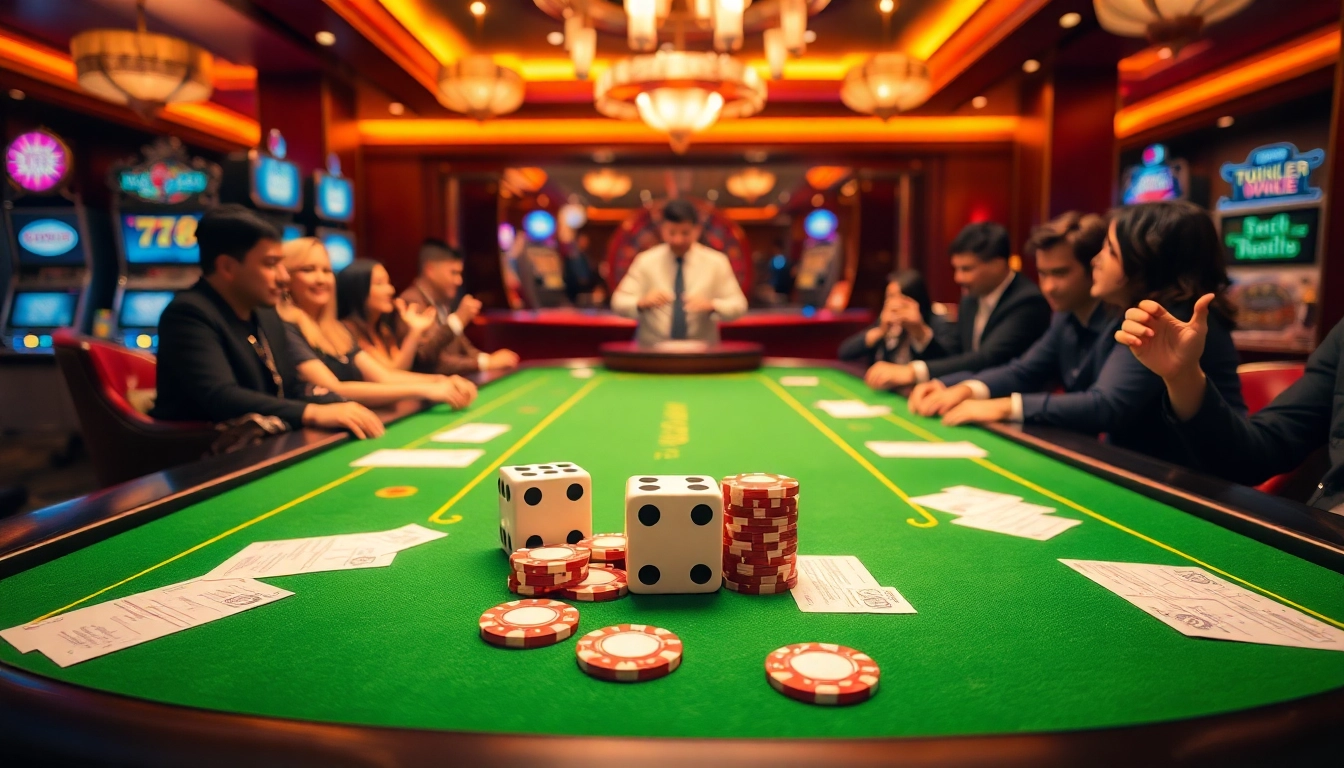 Excited players engaging at a Tai Xiu game table in a vibrant casino atmosphere.
