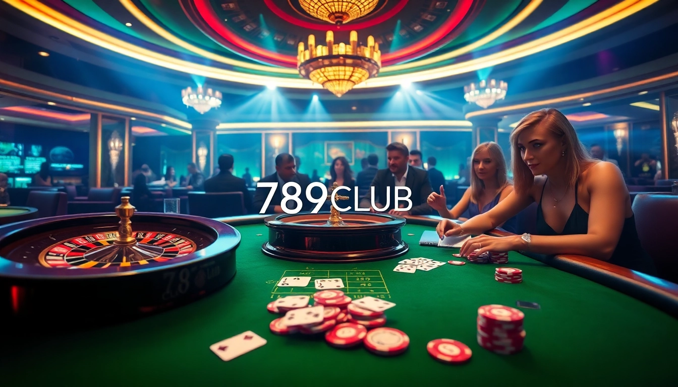 A vibrant casino scene highlighting the excitement of 789CLUB with roulette, cards, and poker chips.