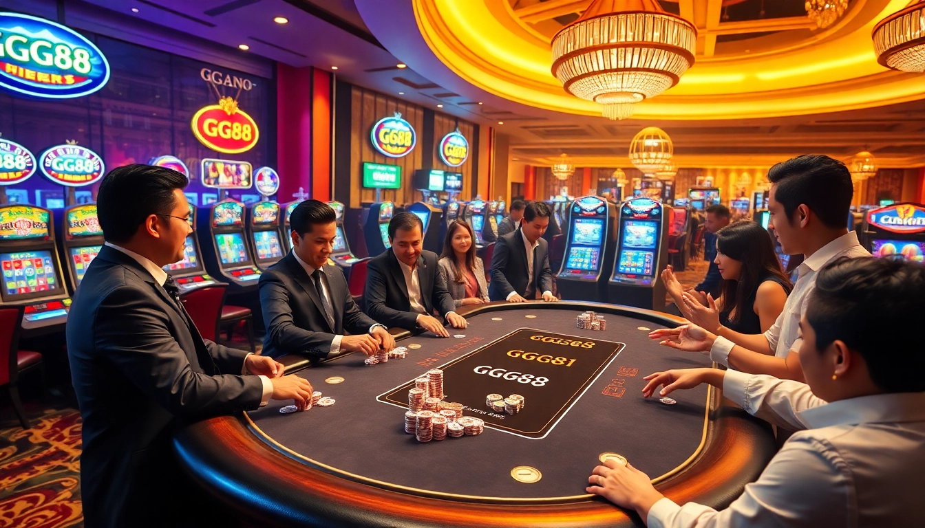 Exciting gambling scene with GG88-branded poker table and lively players enjoying their wins.
