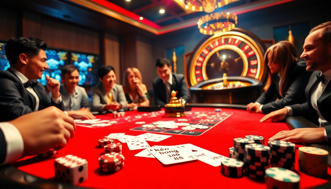 Engaging scene of casino with players at poker table and kèo bóng đá 88 betting elements.