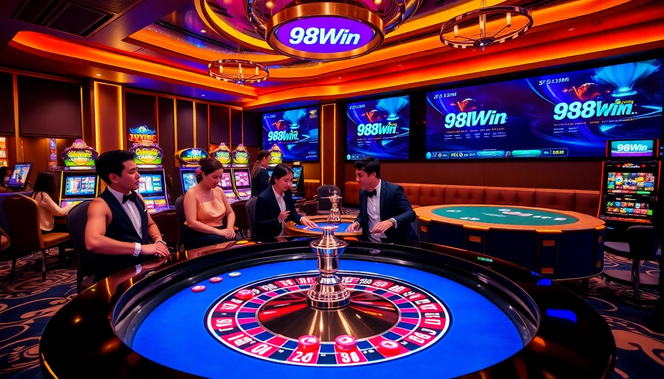 Experience thrilling gameplay at 98Win's casino with vibrant slot machines and poker action.