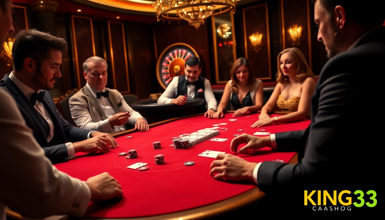 Players engaging in a thrilling poker game at https://king33.io/, surrounded by chips and cards.