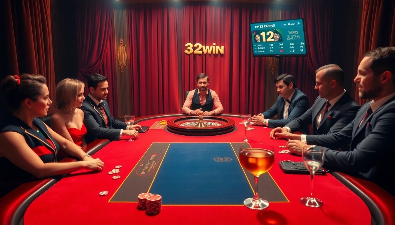 Experience the thrill of poker and luxury at 32win casino, featuring professional players and vibrant chips.