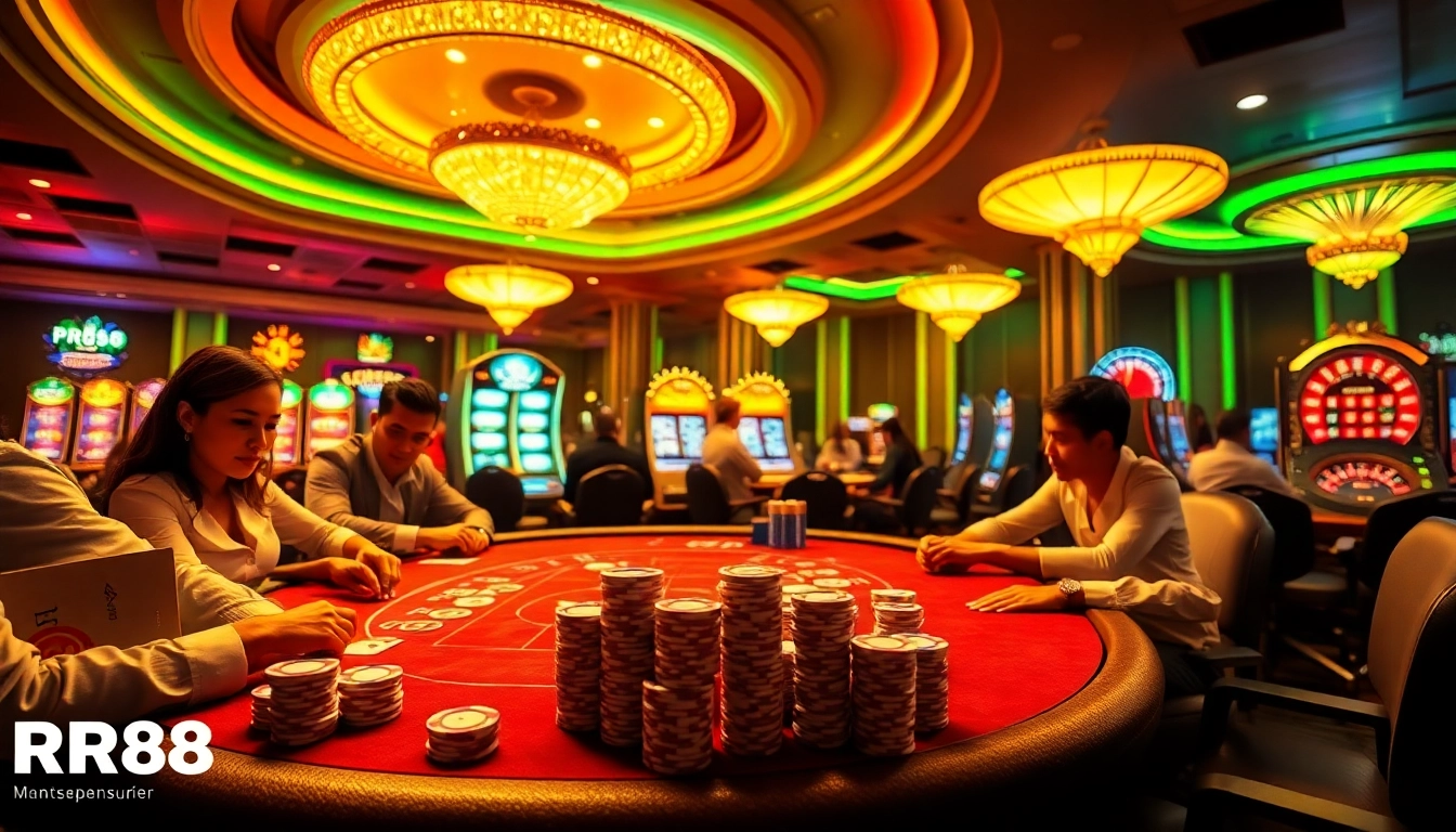 RR88 showcases an exciting casino scene featuring poker chips, cards, and vibrant slot machines.