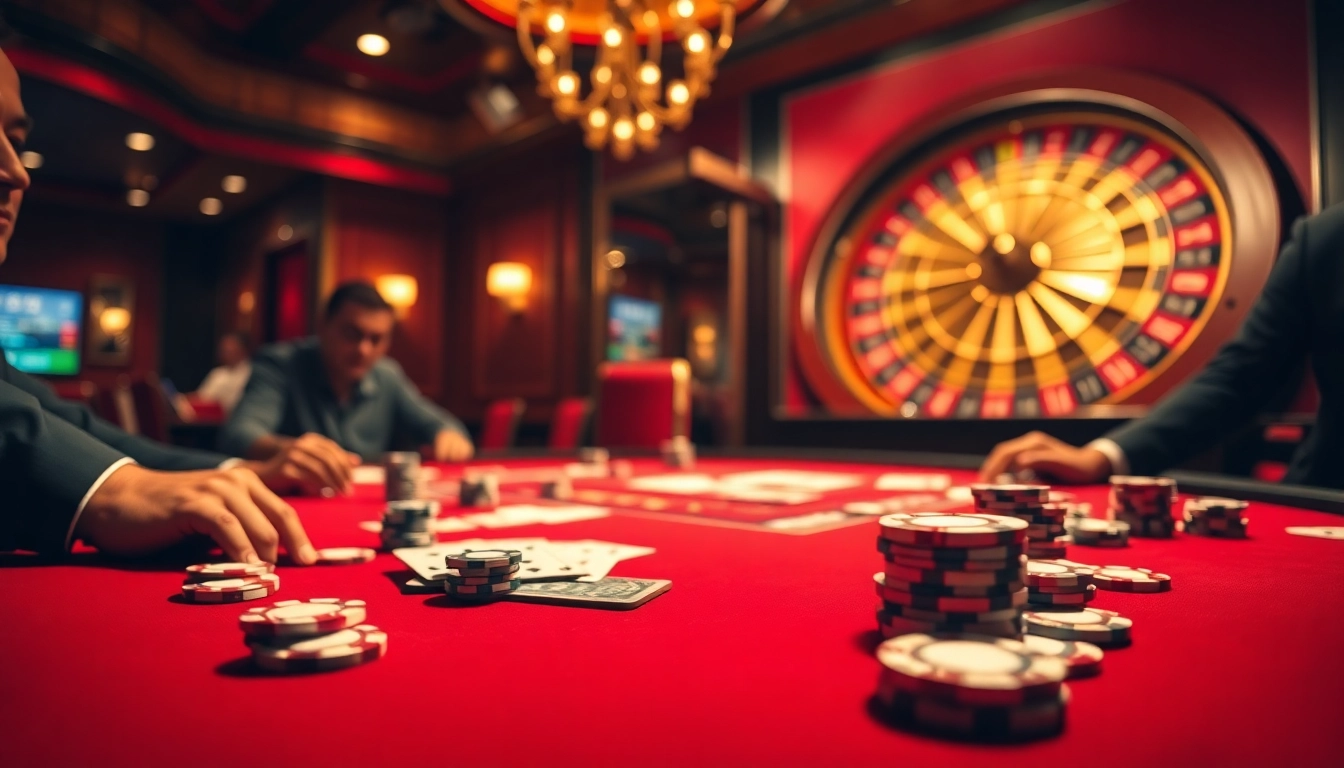 Man88 poker players engaging in an energetic casino atmosphere with vibrant colors and excitement.