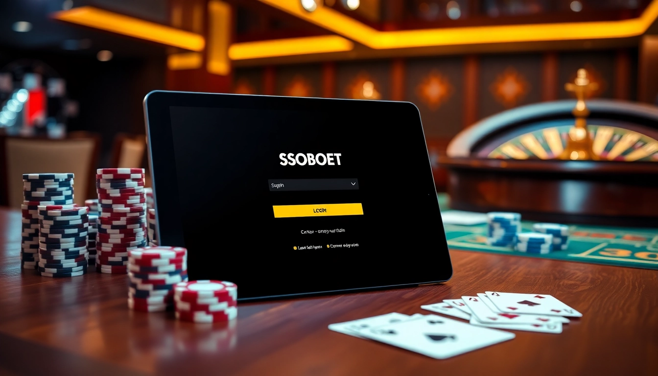 Experience the sbobet login interface on a tablet amidst an elegant casino setting with poker chips and cards.