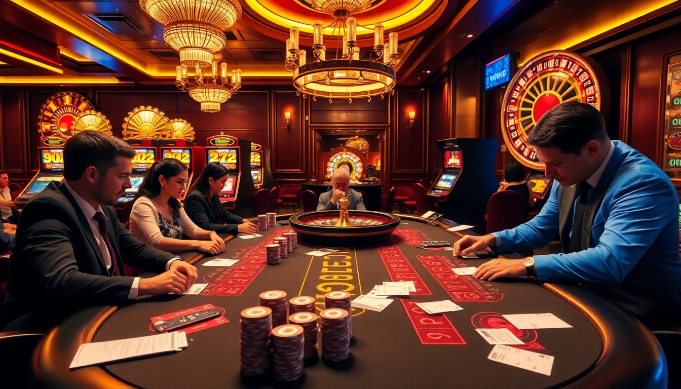 Intensely focused players at a high-stakes poker table at https://fun793.org/, surrounded by luxurious casino elements.