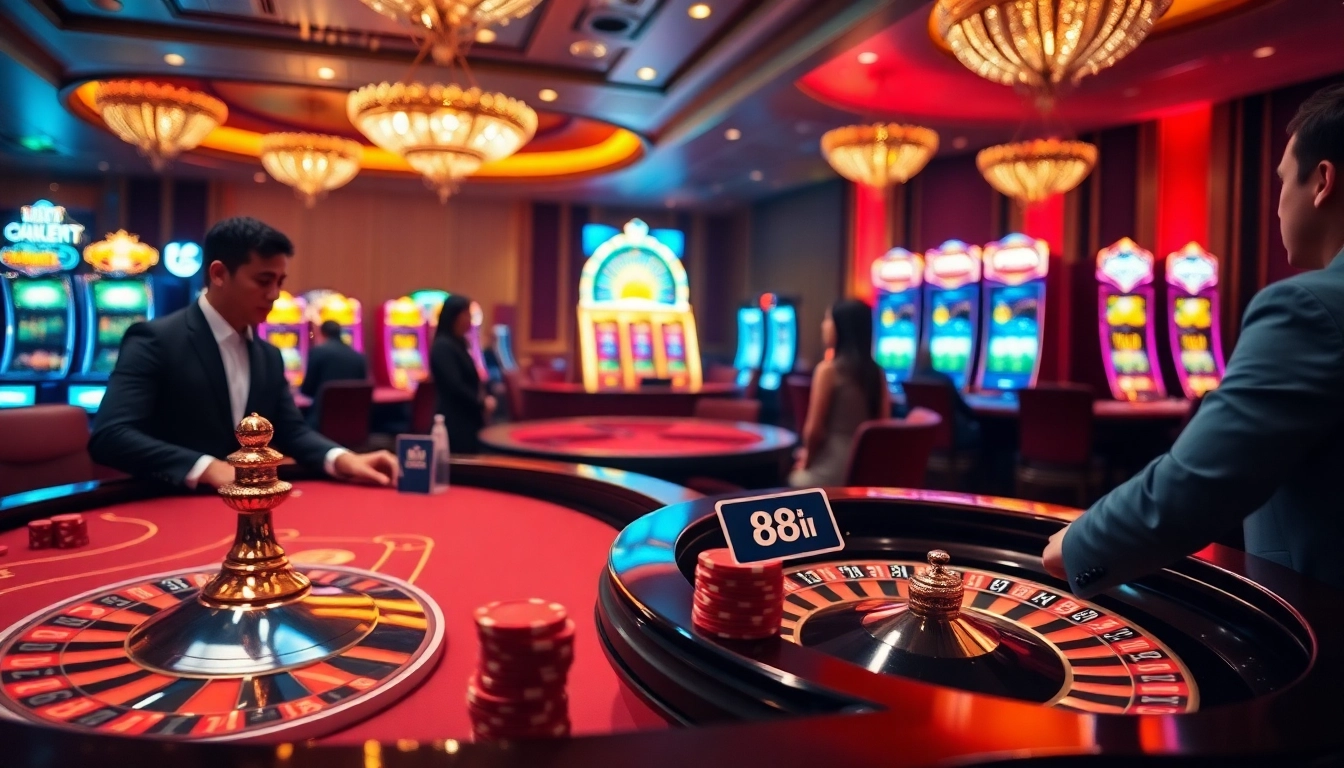 Exciting casino scene showcasing 88i with players at gaming tables and vibrant slot machines.