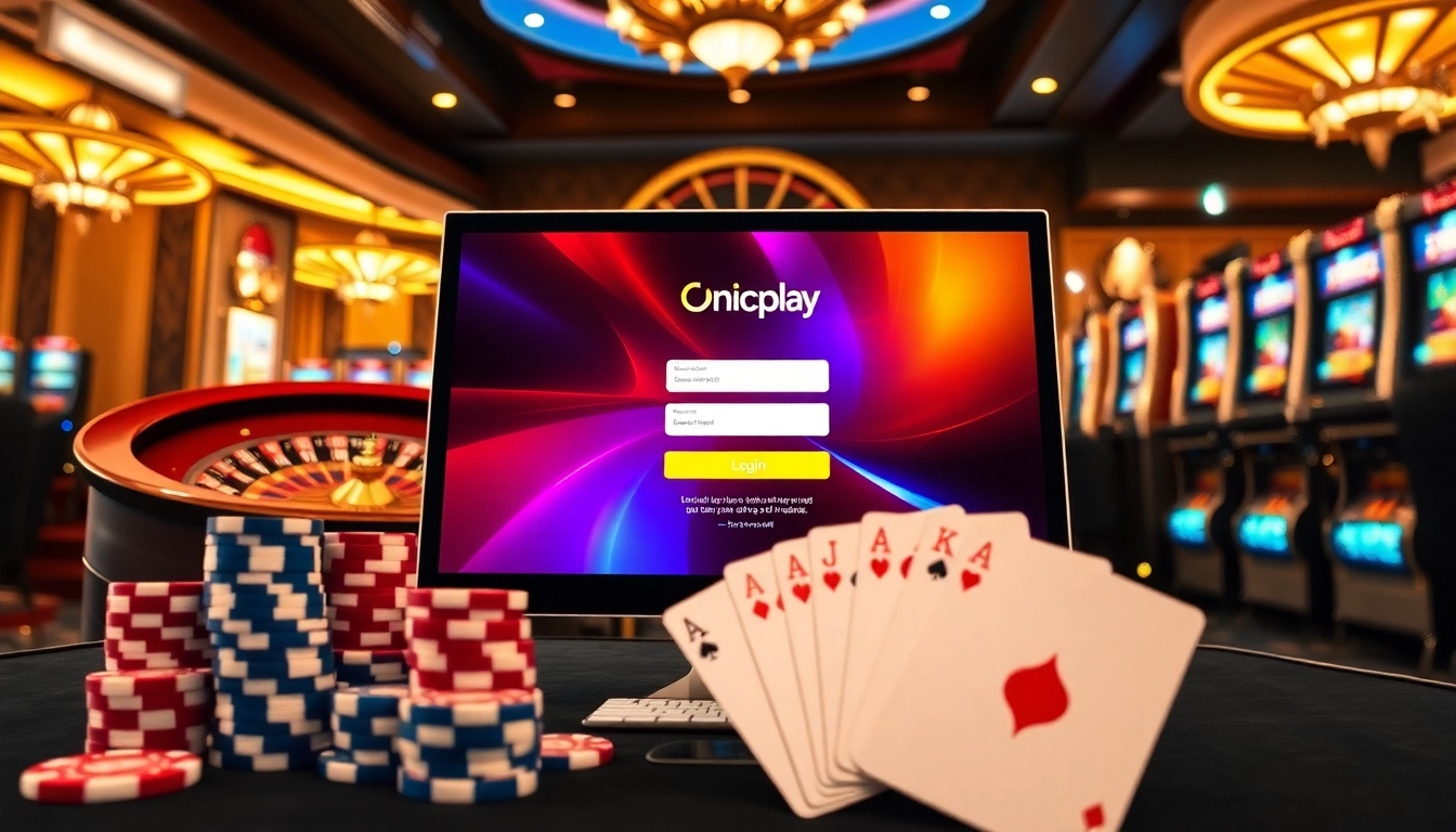 Engaging scene of onicplay login interface surrounded by casino elements, showcasing exciting gambling atmosphere.