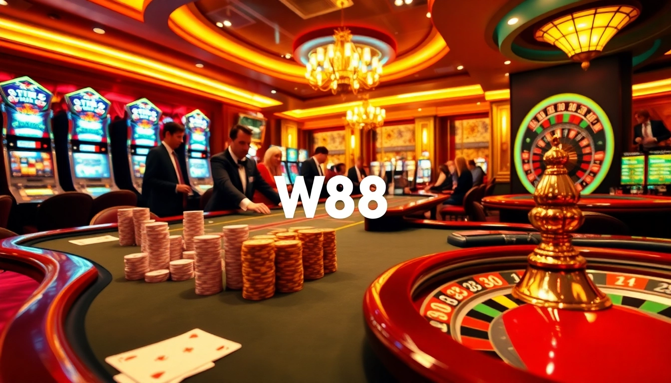 W88 poker table showcasing a thrilling gambling scene with vibrant chips and professional dealers.