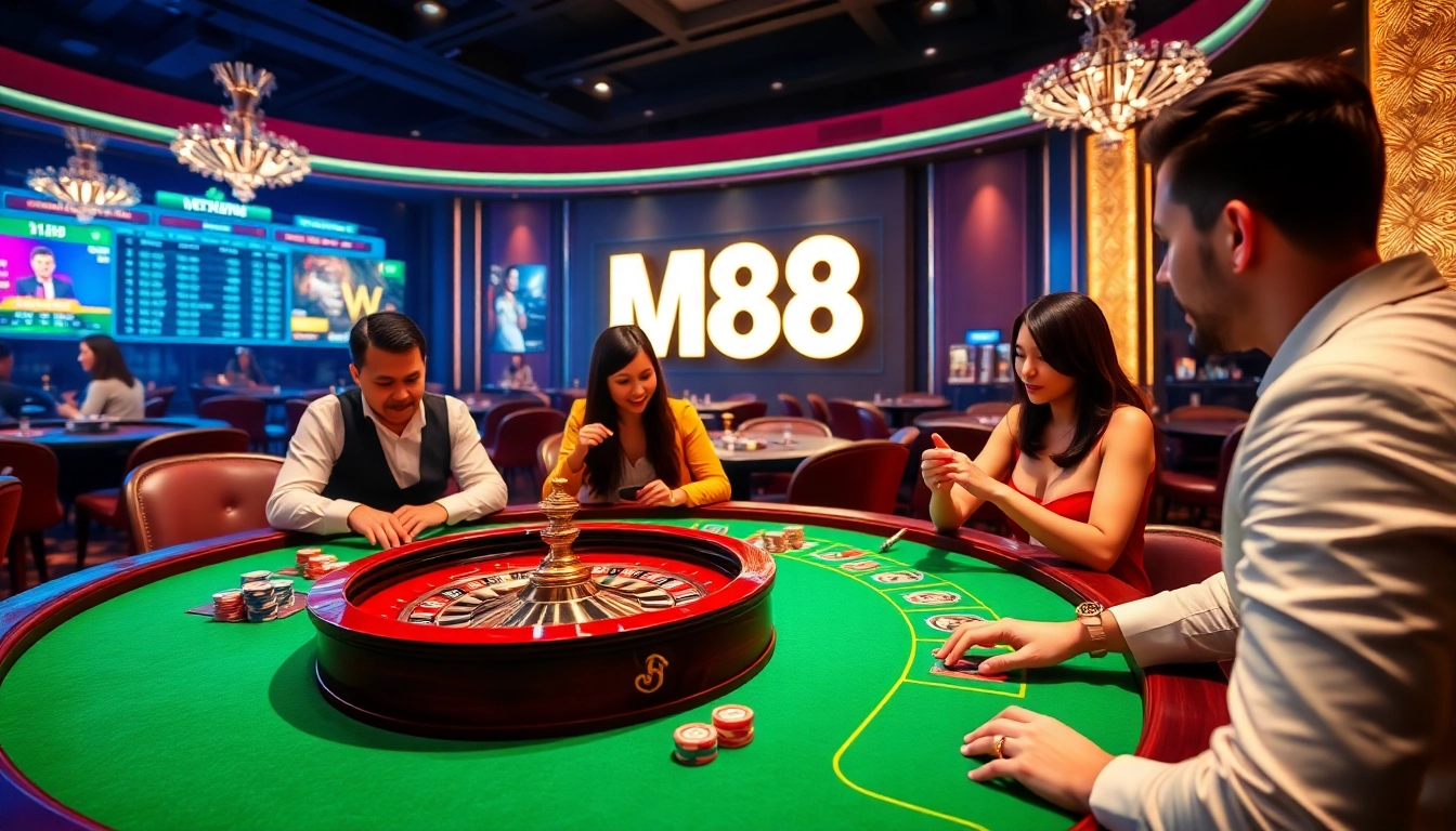 M88 online gamblers excitedly engaging around a luxurious casino table with vibrant chips and digital interfaces.