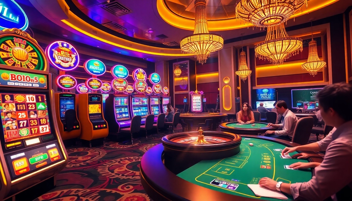Experience the thrill of JILI online gaming with vibrant slot machines and an elegant poker table.