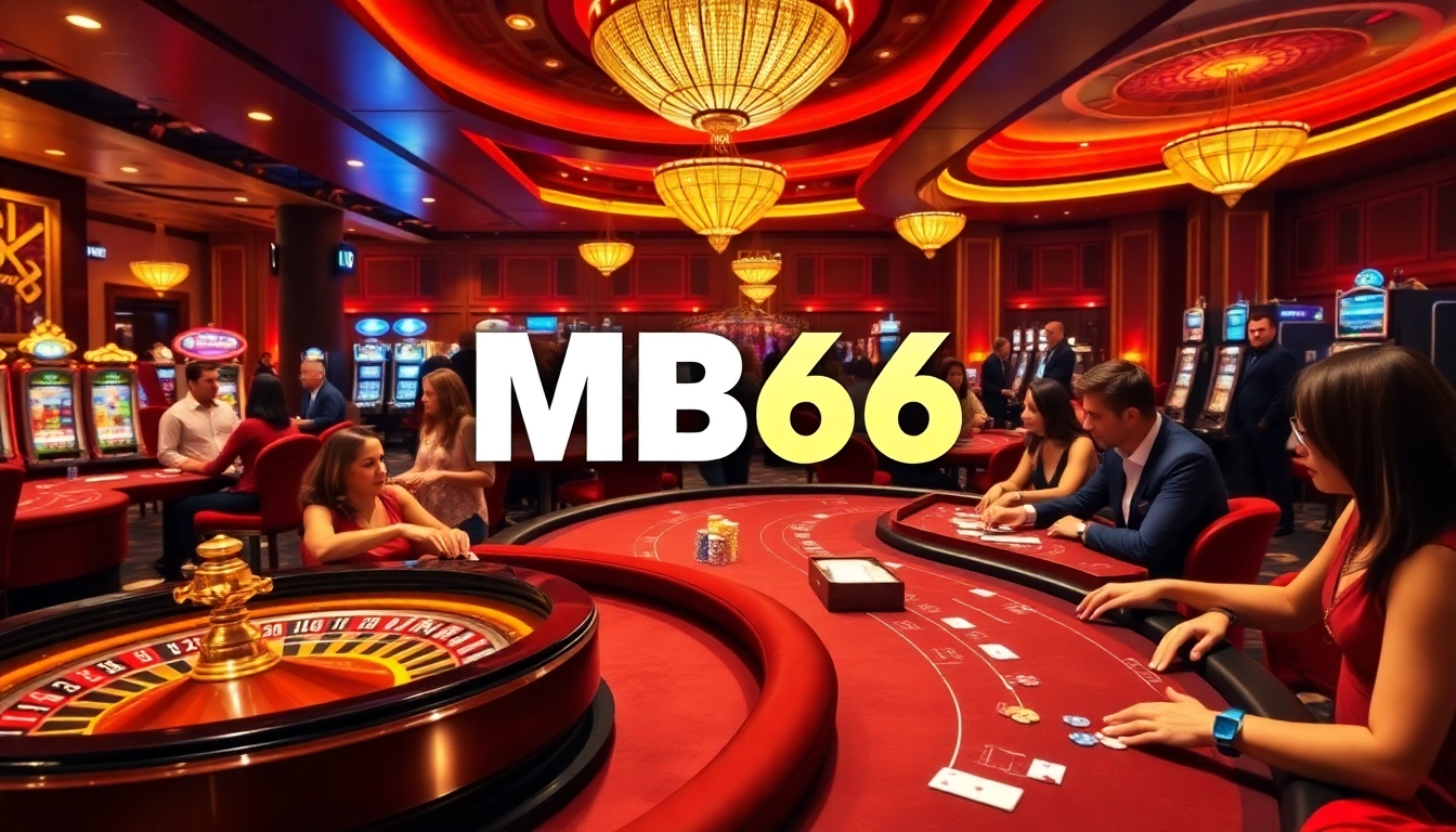 Engaging casino atmosphere showcasing MB66 with roulette, poker, and vibrant gaming excitement.