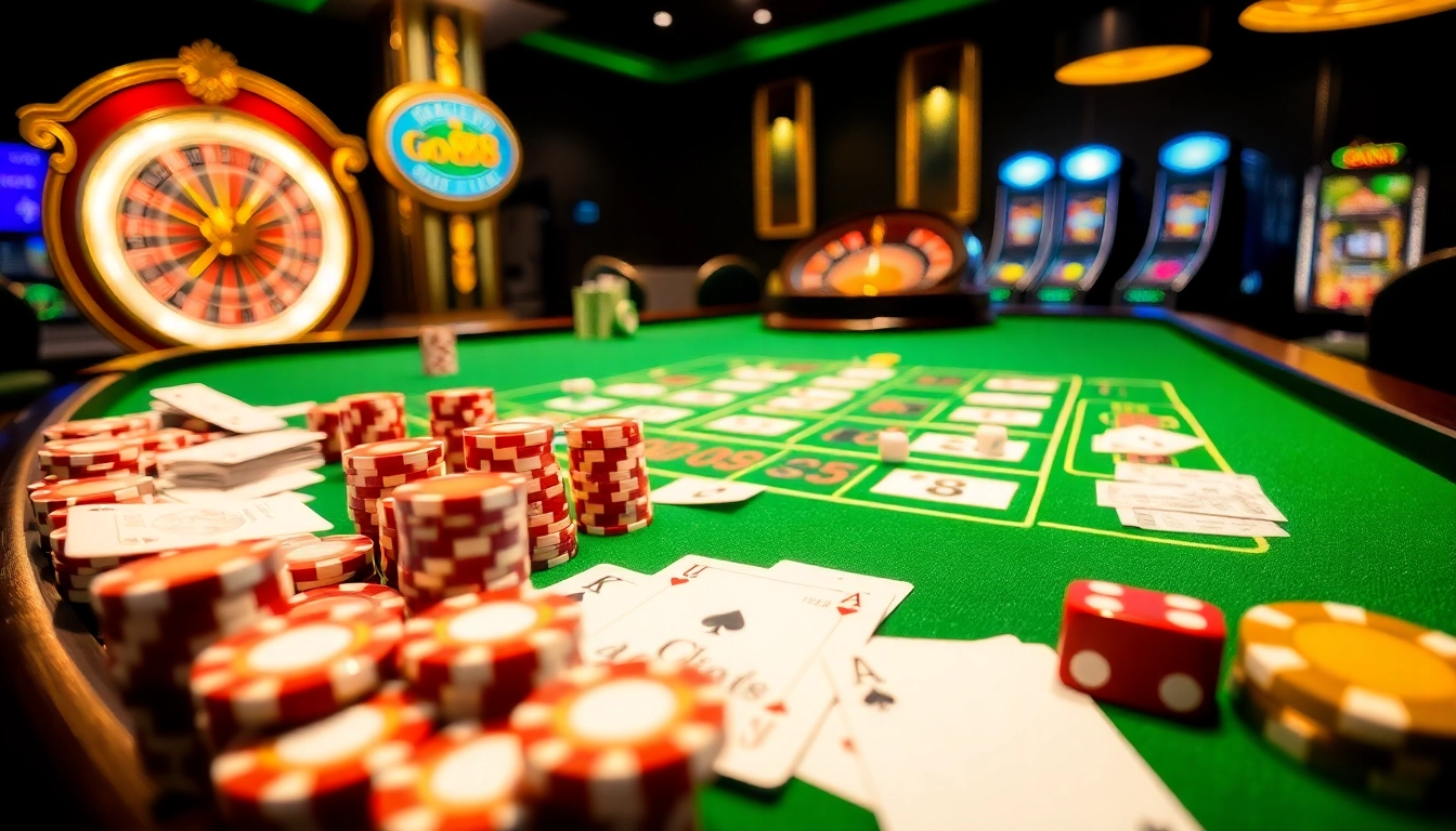 Experience the excitement of Go88vn at a luxury casino table surrounded by poker chips and cards.