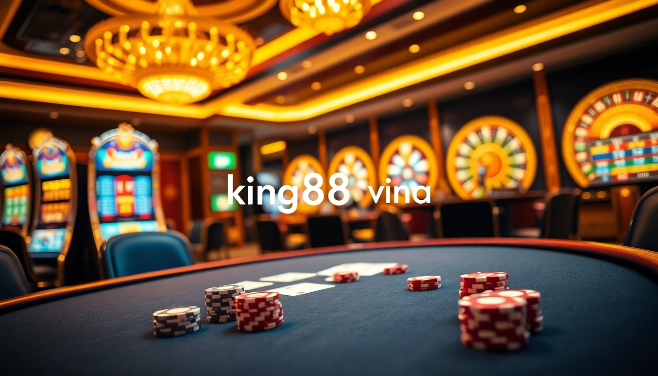 Experience thrilling gameplay at king88 vina with a luxurious casino setting featuring poker and slots.