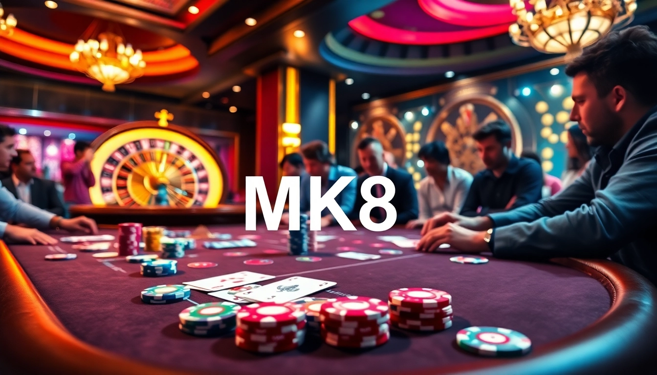 Engaging players at the MK8 poker table with vibrant chips and cards in a luxurious casino.