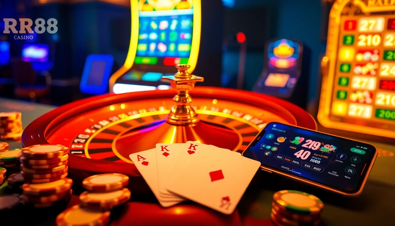 Experience the thrill of RR88 with a vibrant casino scene featuring roulette, cards, and slot machines.