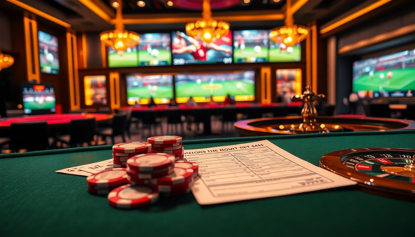 Learn แทงบอลยังไง with a vibrant sports betting scene, showcasing betting slips and poker chips.