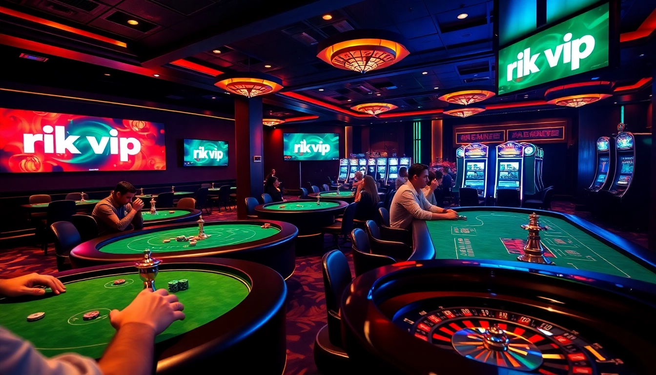 Experience the excitement of rik vip with luxurious poker tables and vibrant slot machines in a casino setting.