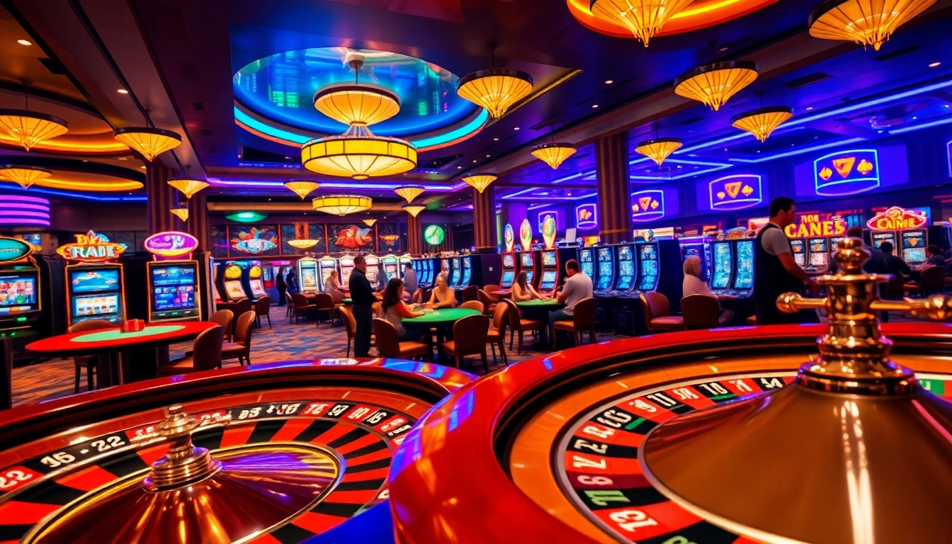 High-stakes gamblers enjoying the excitement of bomwin casino games with vibrant roulette and poker tables.