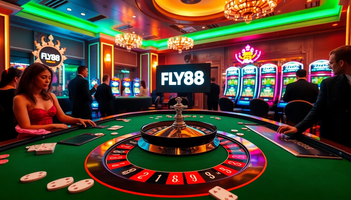 Players enjoy a luxurious casino experience at FLY88, betting at a vibrant roulette table.