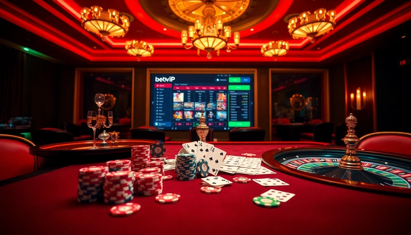 Tham gia trải nghiệm cá cược đầy phấn khích với ứng dụng BetVIP trong một casino sang trọng.
