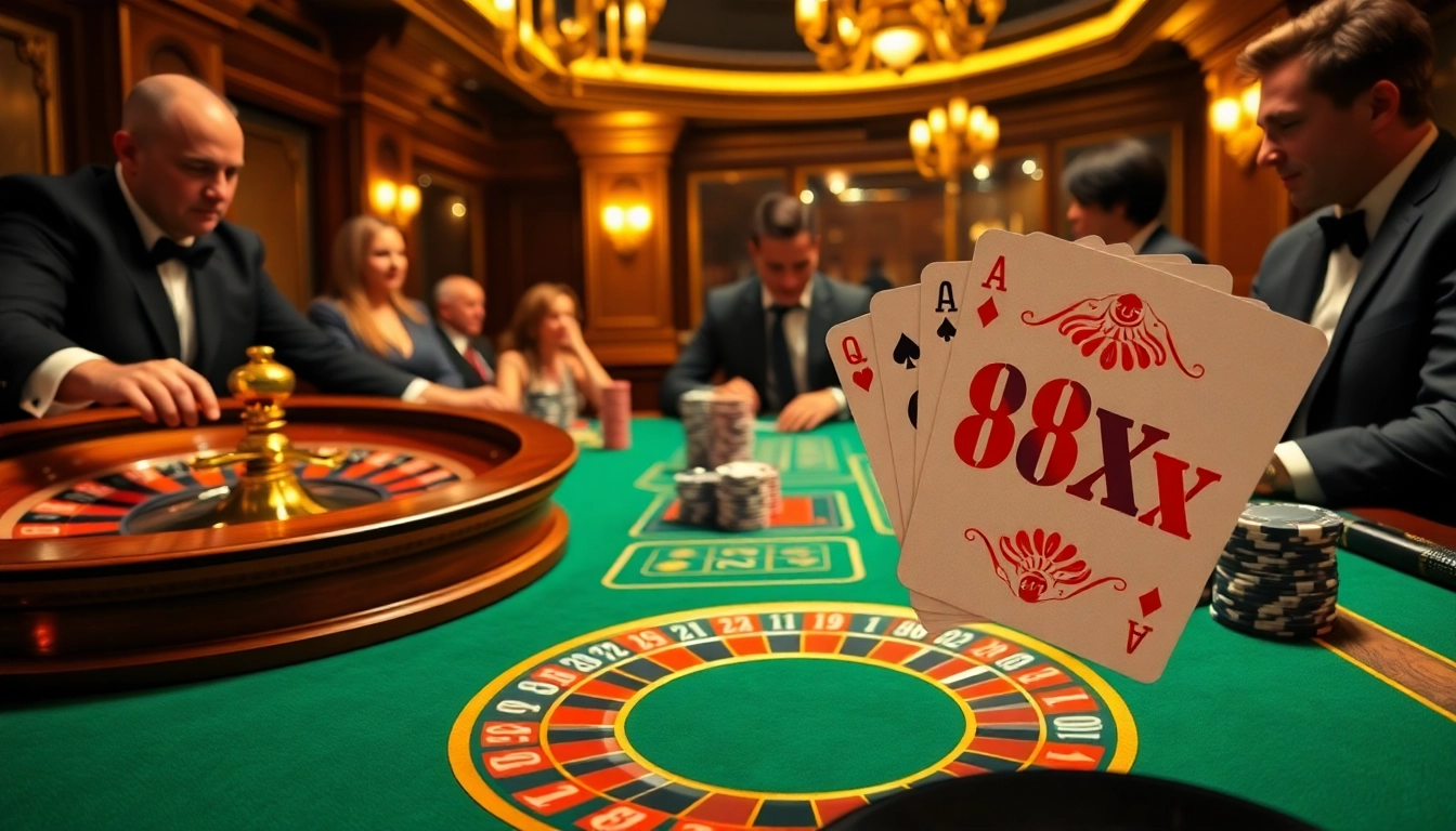 Gamblers strategize at a luxurious poker table with 88xx-themed cards and chips.