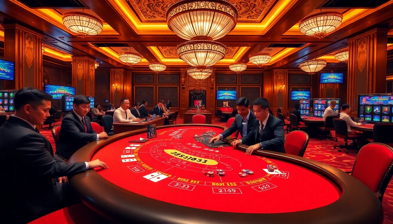 Engaging game bai b52 scene with players at a baccarat table, showcasing thrilling gambling action.