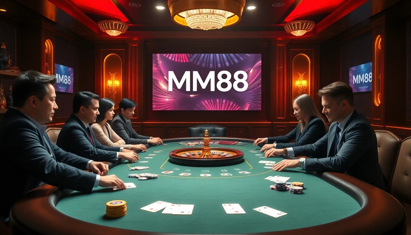 MM88 players engaging in an exciting round of poker in a luxurious online casino setting.