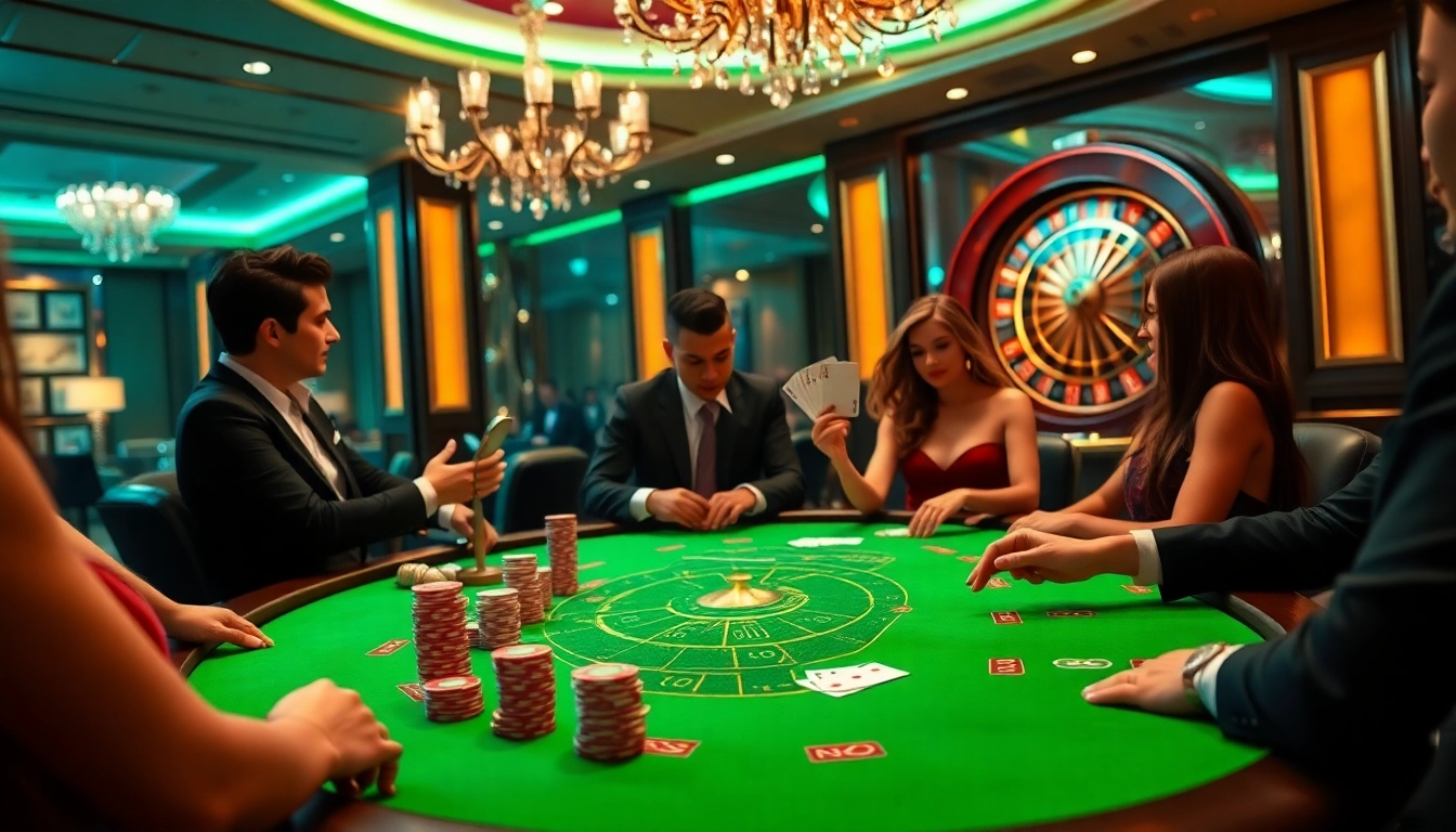 Players strategizing in a luxurious casino scene with 555win poker chips and cards.