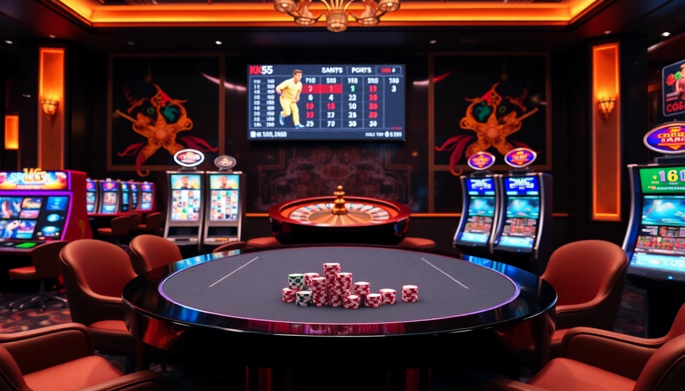 Engage with the excitement of KK55 at a luxurious casino gaming table surrounded by vibrant chips and slot machines.