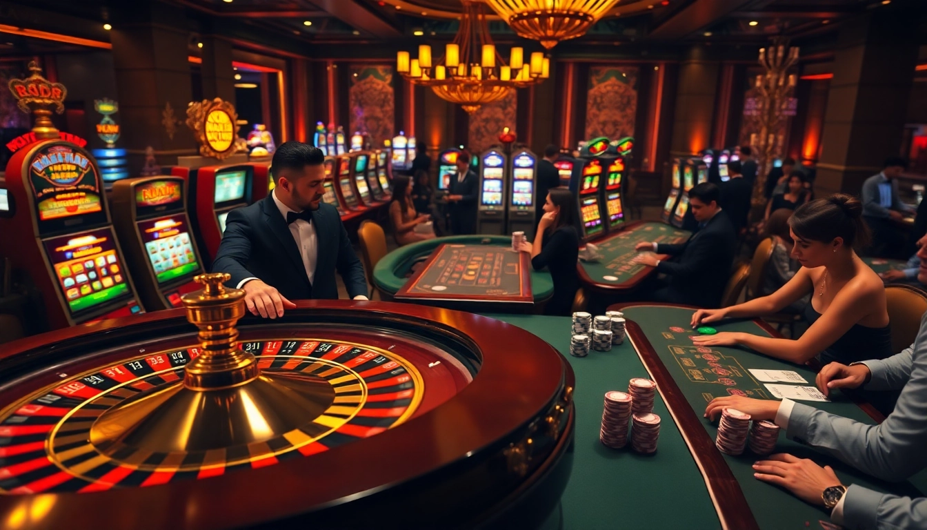 Experience thrilling games at kuwin's dynamic casino, showcasing roulette wheels and professional dealers.