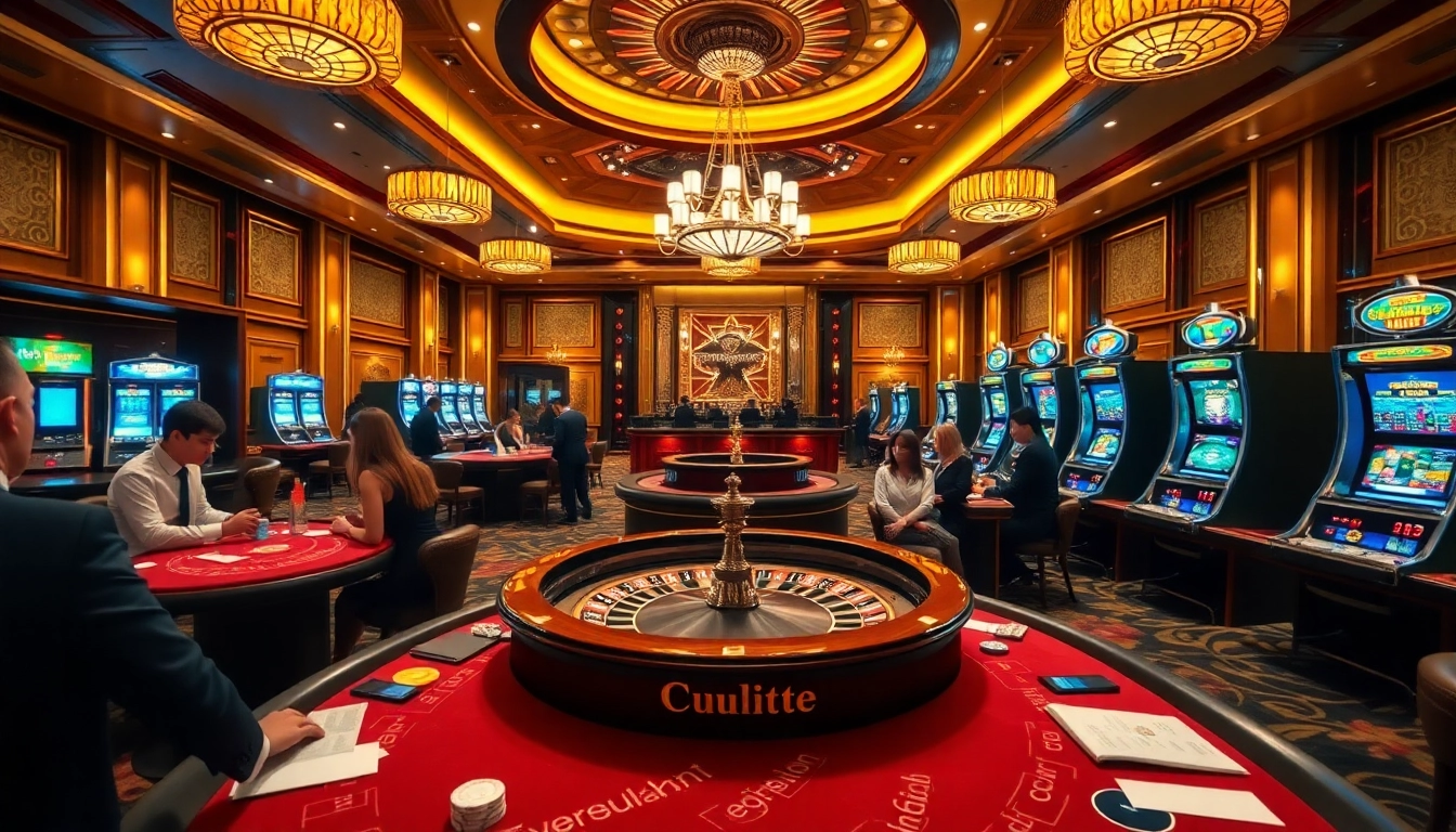 Experience the thrilling atmosphere of tập đoàn okwin casino, with poker tables, slot machines, and a roulette wheel.