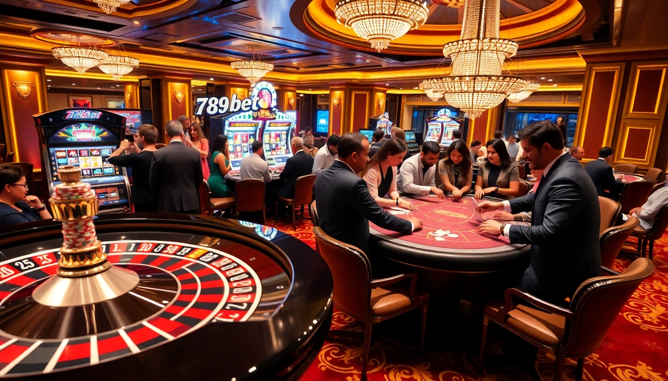 Experience the excitement of 789bet events at a luxurious casino with a spinning roulette wheel and engaged players.