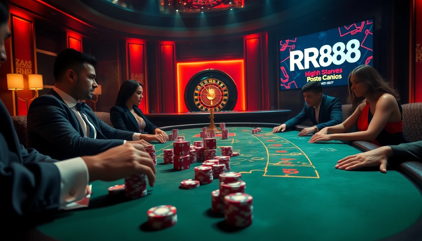 Experience the thrill of RR88 with an elegant poker table and vibrant casino atmosphere.
