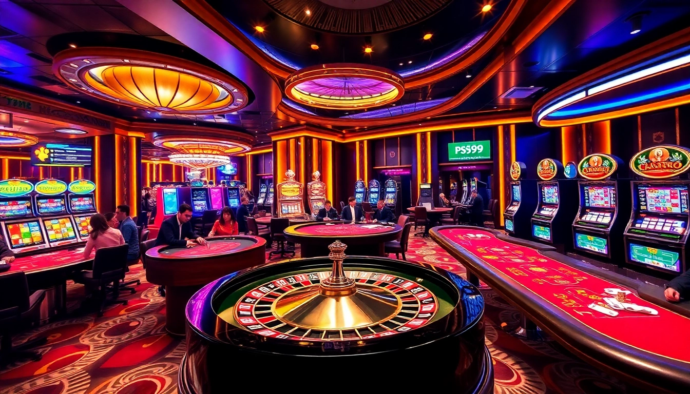 Players enjoying games at PS99 COM, featuring slot machines and roulette tables.