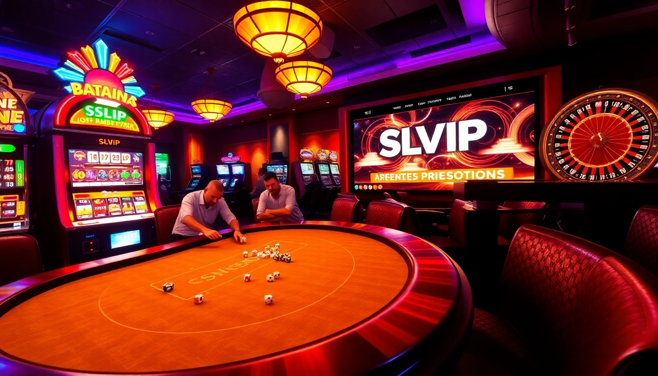 Players enjoying vibrant games at SLVIP, including poker, roulette, and slots, embodying excitement.
