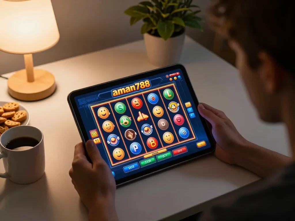 Permainan menarik dengan aman788 slot online yang menampilkan gulungan berwarna-warni di tablet saat bermain santai di rumah.