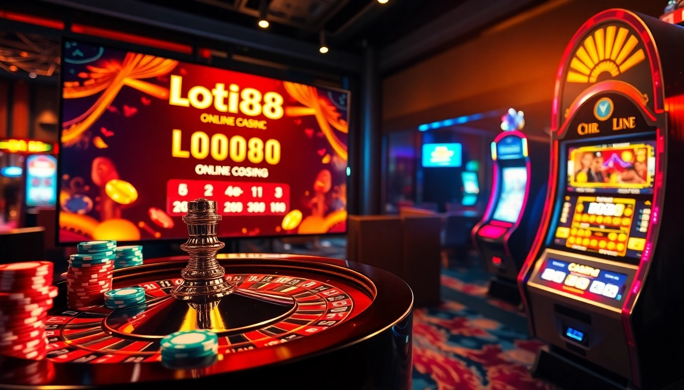 Engaging Loto188 online gaming scene with vibrant poker chips and roulette wheel lighting up the casino atmosphere.