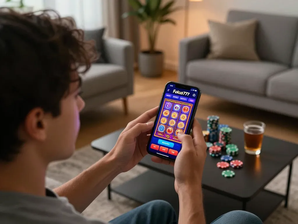 Engaging with the Fokus777 app in a cozy living room while enjoying online slots gameplay