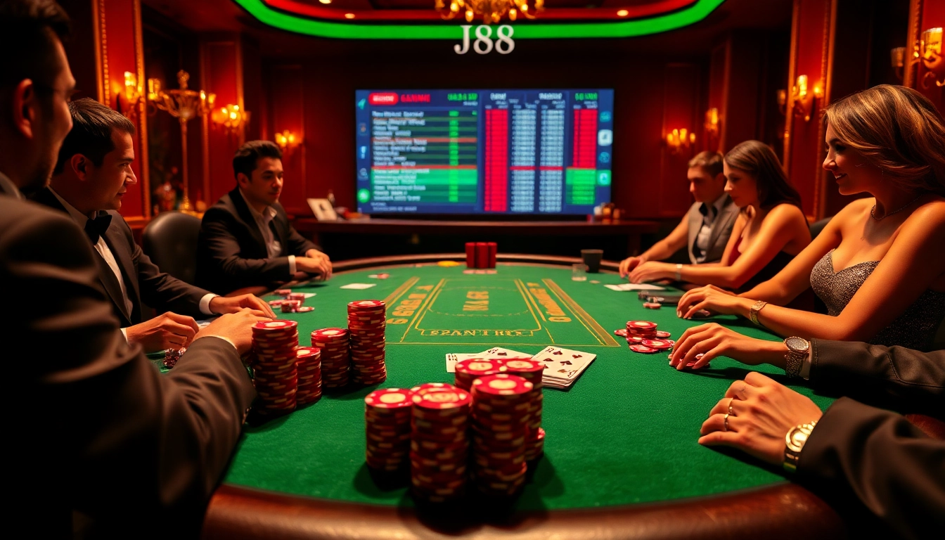 Players strategizing at a glamorous j88 poker table, featuring chips and vibrant decor.