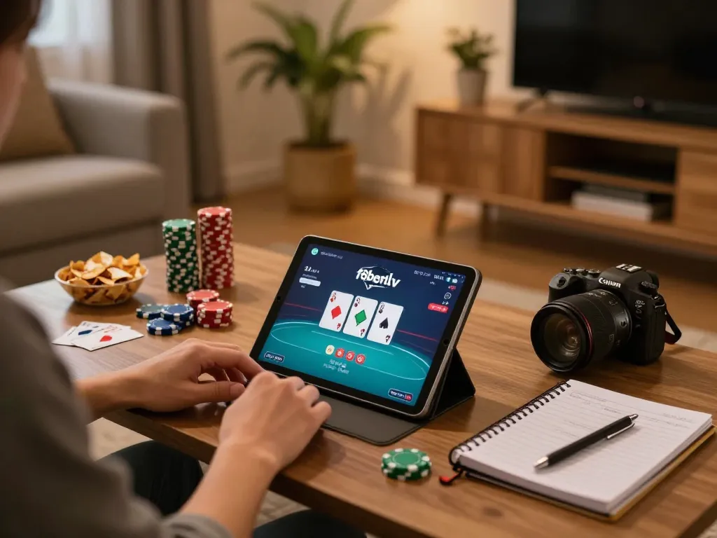 Engaging online poker gameplay on tablet showcasing f8betlv interface with cozy home environment.